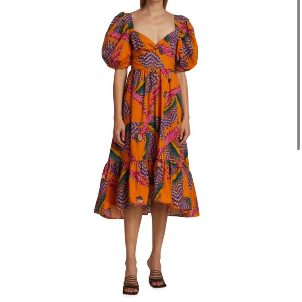 Farm Rio Macaw Puff-Sleeve Midi Dress